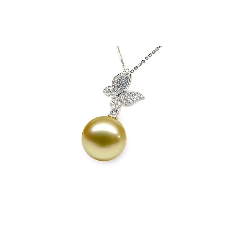Ciondolo Farfalla Allegra - Oro Bianco, Diamanti & Perla dei Mari del Sud Dorata - 1