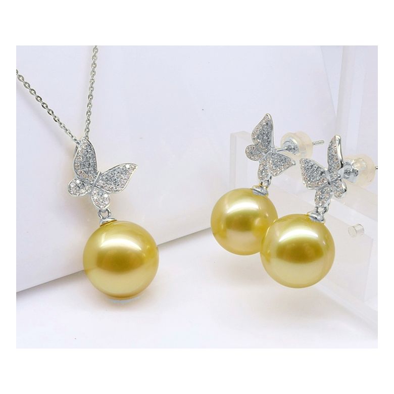 Ciondolo Farfalla Allegra - Oro Bianco, Diamanti & Perla dei Mari del Sud Dorata - 2