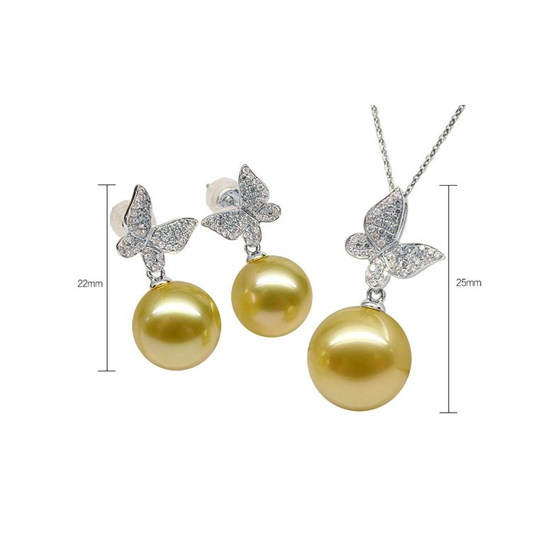 Ciondolo Farfalla Allegra - Oro Bianco, Diamanti & Perla dei Mari del Sud Dorata - 3