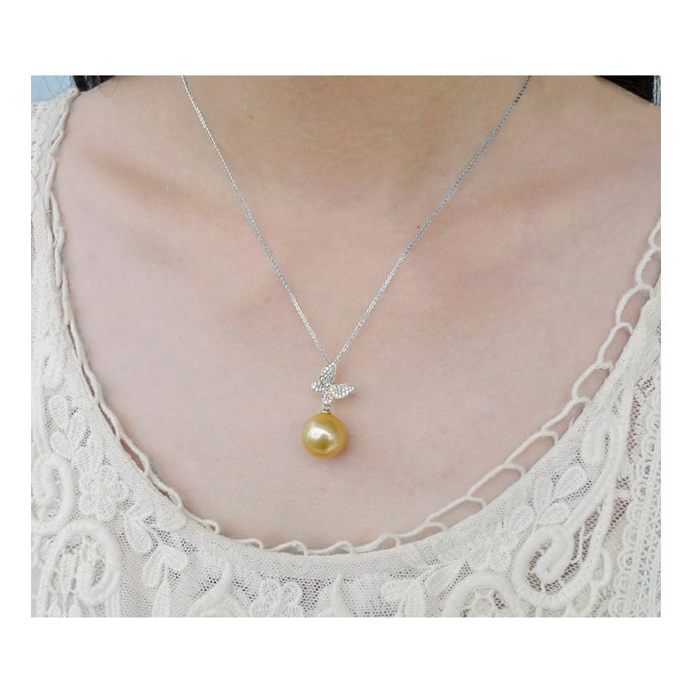 Ciondolo Farfalla Allegra - Oro Bianco, Diamanti & Perla dei Mari del Sud Dorata - 5