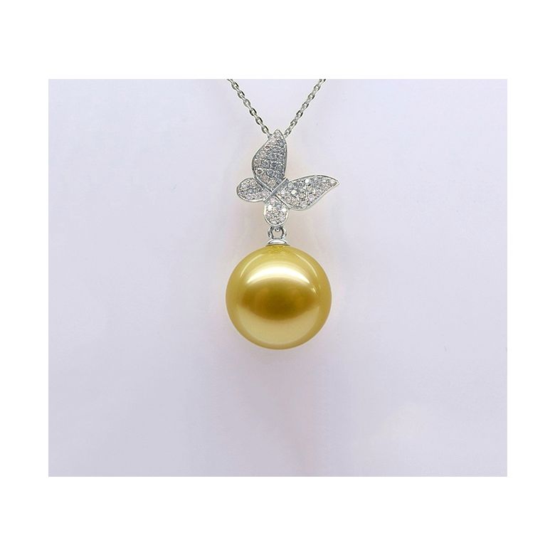 Ciondolo Farfalla Allegra - Oro Bianco, Diamanti & Perla dei Mari del Sud Dorata - 6