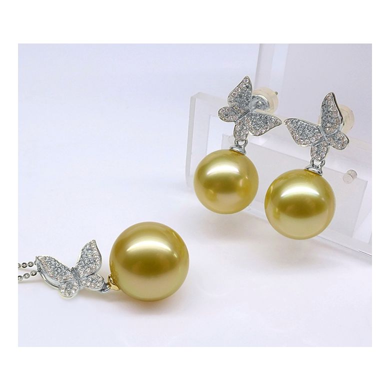 Ciondolo Farfalla Allegra - Oro Bianco, Diamanti & Perla dei Mari del Sud Dorata - 7