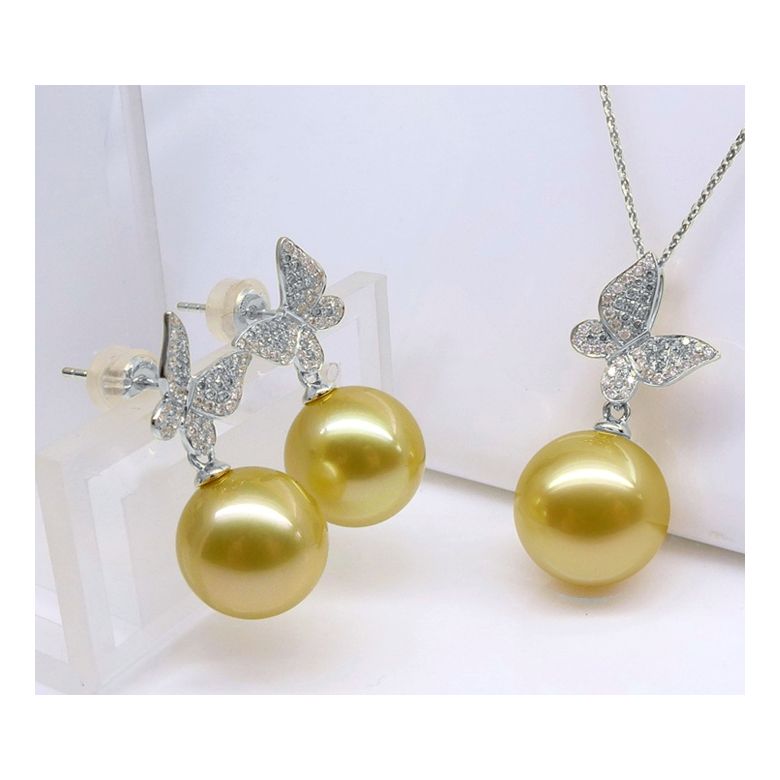 Ciondolo Farfalla Allegra - Oro Bianco, Diamanti & Perla dei Mari del Sud Dorata - 8