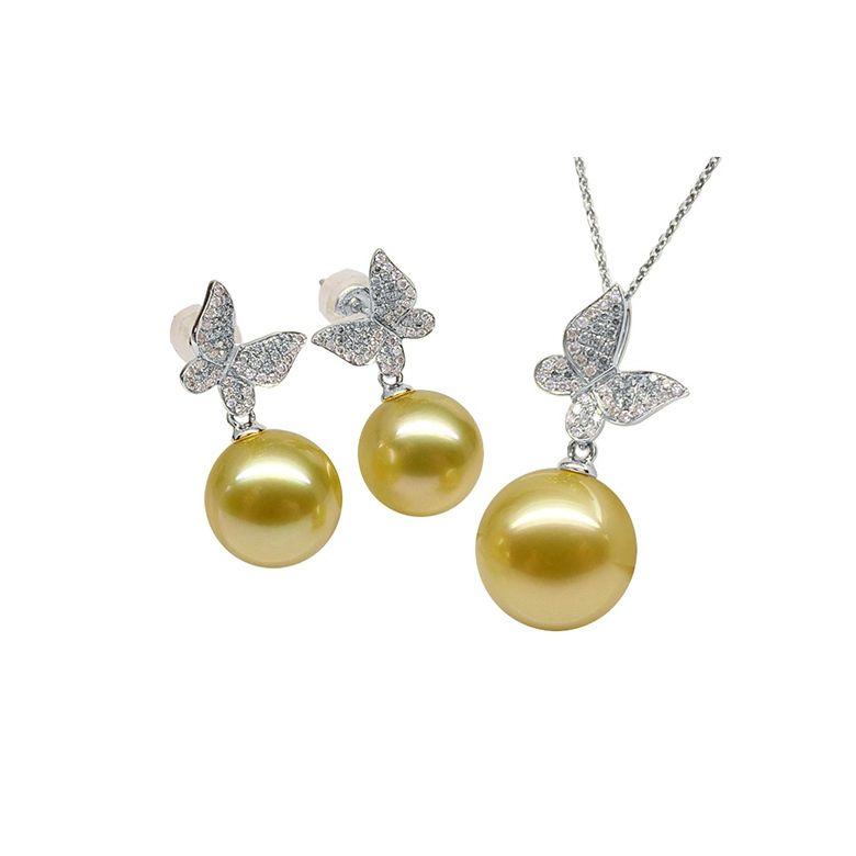Ciondolo Farfalla Allegra - Oro Bianco, Diamanti & Perla dei Mari del Sud Dorata - 9