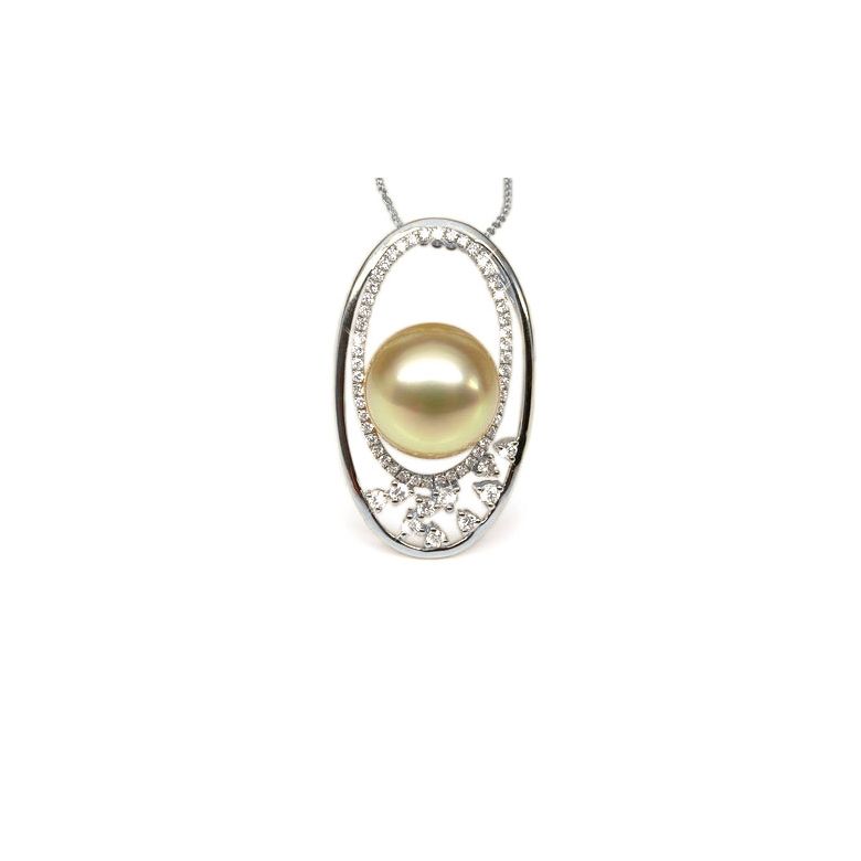 Ciondolo Ellisse - Oro Bianco, Diamanti & Perla dei Mari del Sud Dorata - 1
