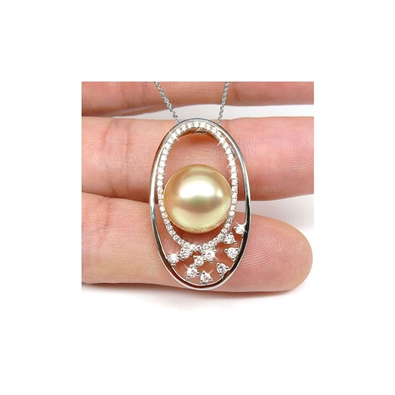 Ciondolo Ellisse - Oro Bianco, Diamanti & Perla dei Mari del Sud Dorata - 2