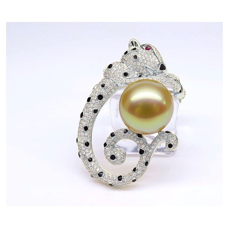Ciondolo Leopardo oro bianco - Perla d'Australia dorata, diamanti e zaffiri - 3