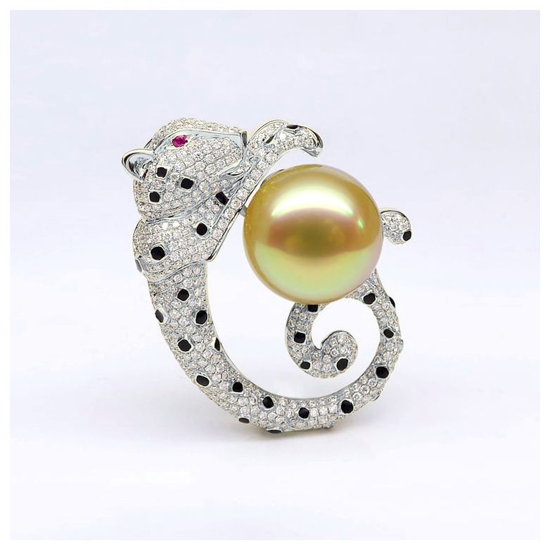 Ciondolo Leopardo oro bianco - Perla d'Australia dorata, diamanti e zaffiri - 7
