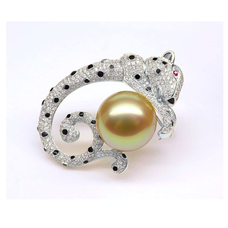 Ciondolo Leopardo oro bianco - Perla d'Australia dorata, diamanti e zaffiri - 8
