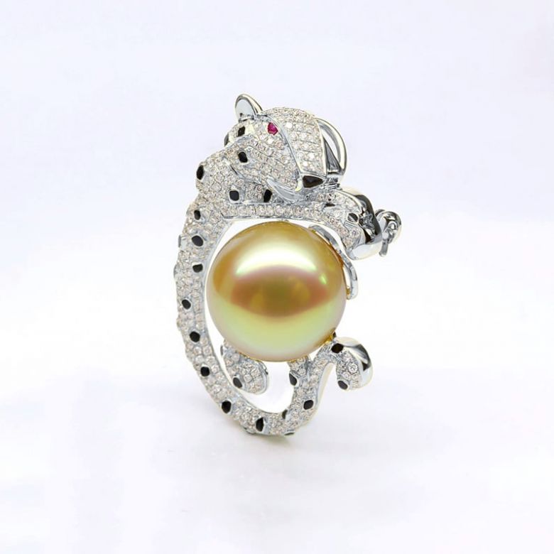 Ciondolo Leopardo oro bianco - Perla d'Australia dorata, diamanti e zaffiri - 9