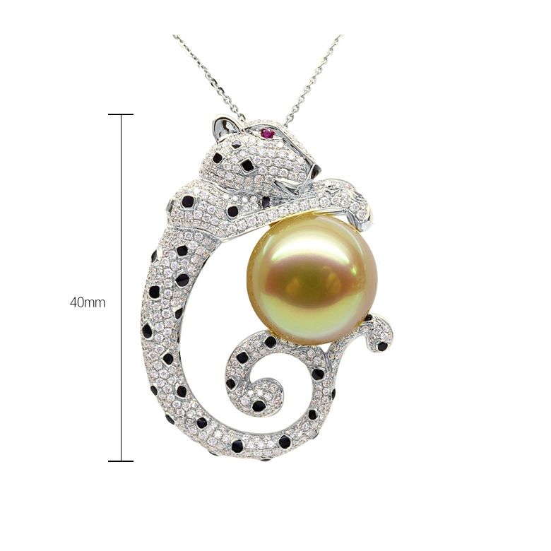 Ciondolo Leopardo oro bianco - Perla d'Australia dorata, diamanti e zaffiri - 11