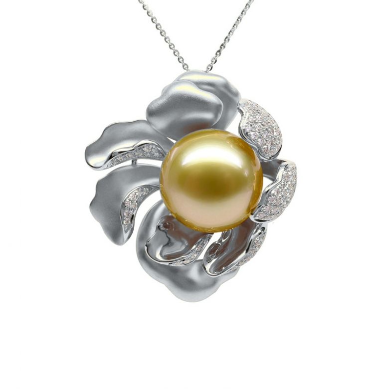 Ciondolo Peonia. Oro Bianco e Perla d'Australia - 1