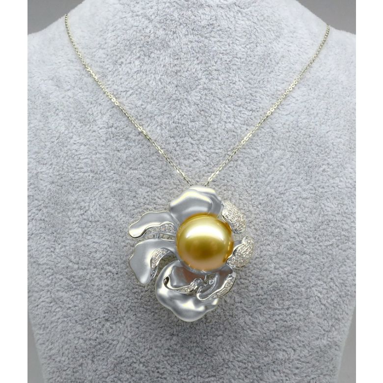 Ciondolo Peonia. Oro Bianco e Perla d'Australia - 3