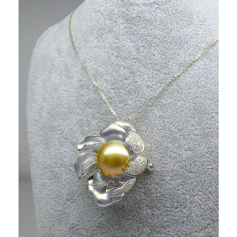 Ciondolo Peonia. Oro Bianco e Perla d'Australia - 6
