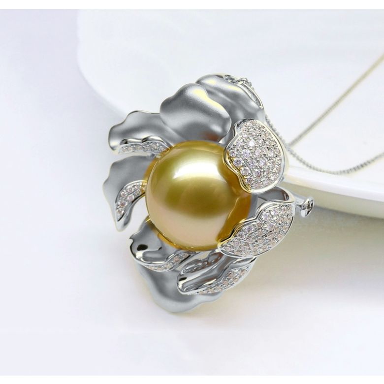 Ciondolo Peonia. Oro Bianco e Perla d'Australia - 8