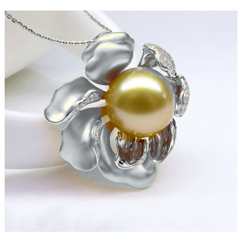 Ciondolo Peonia. Oro Bianco e Perla d'Australia - 9
