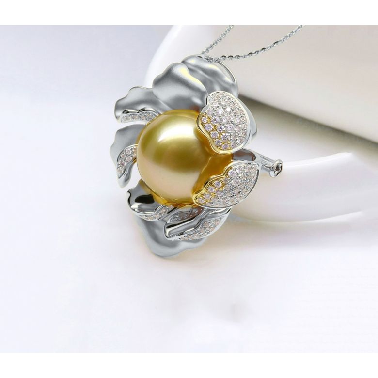Ciondolo Peonia. Oro Bianco e Perla d'Australia - 10