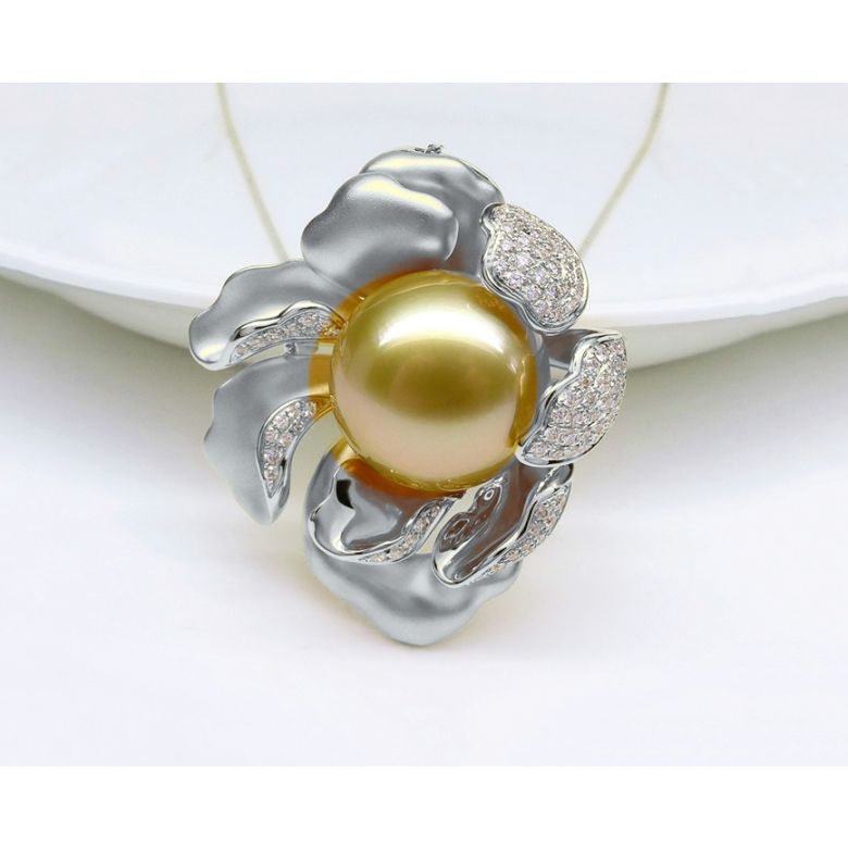 Ciondolo Peonia. Oro Bianco e Perla d'Australia - 12