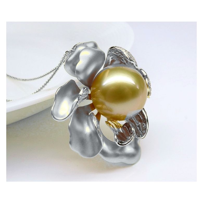 Ciondolo Peonia. Oro Bianco e Perla d'Australia - 13