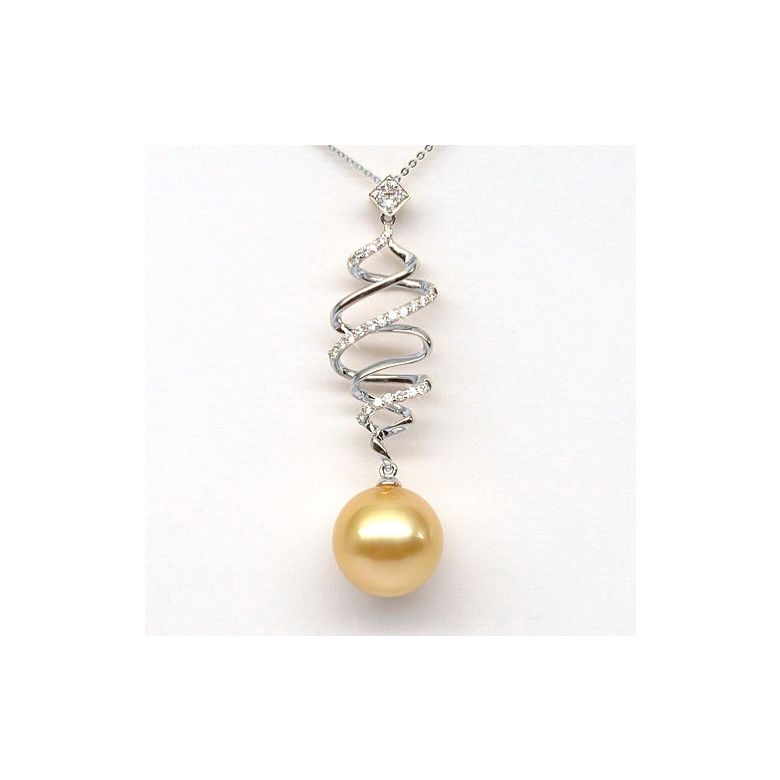 Ciondolo Aladin - Oro Bianco, Diamanti & Perla dei Mari del Sud Dorata - 2