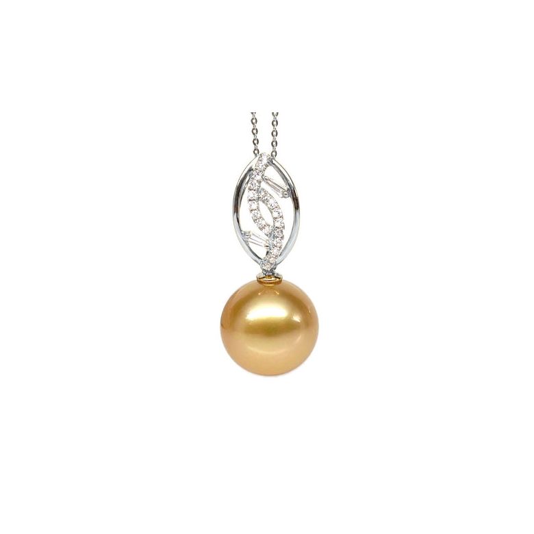 Ciondolo Feuilles d'Or - Oro Bianco, Diamanti & Perla dei Mari del Sud Dorata - 1