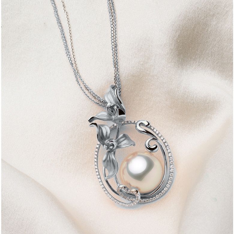 Ciondolo Orchidée Oro bianco, diamanti e perla d'Australia  - 2