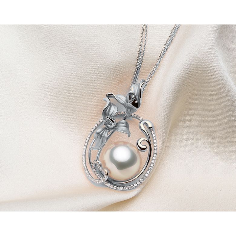 Ciondolo Orchidée Oro bianco, diamanti e perla d'Australia  - 5