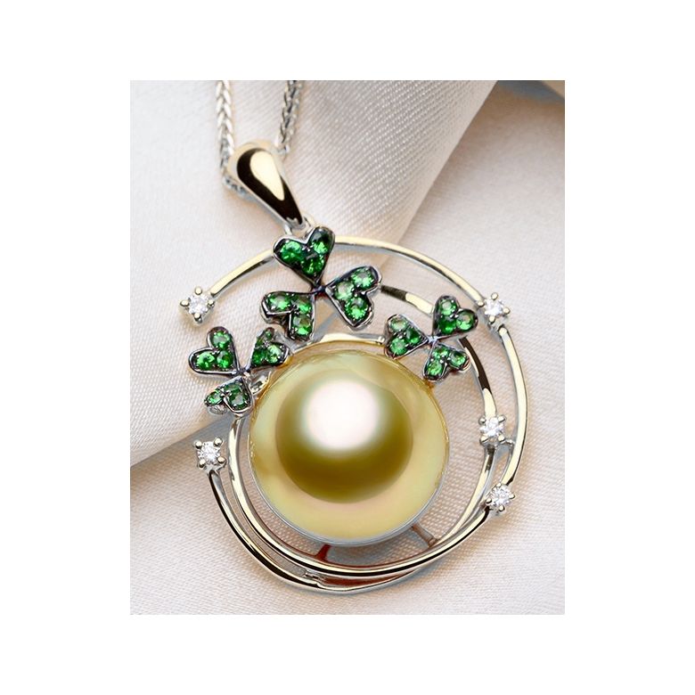 Ciondolo jardin d'été. Perla d'Australia, diamanti, granato vert oro bianco - 4