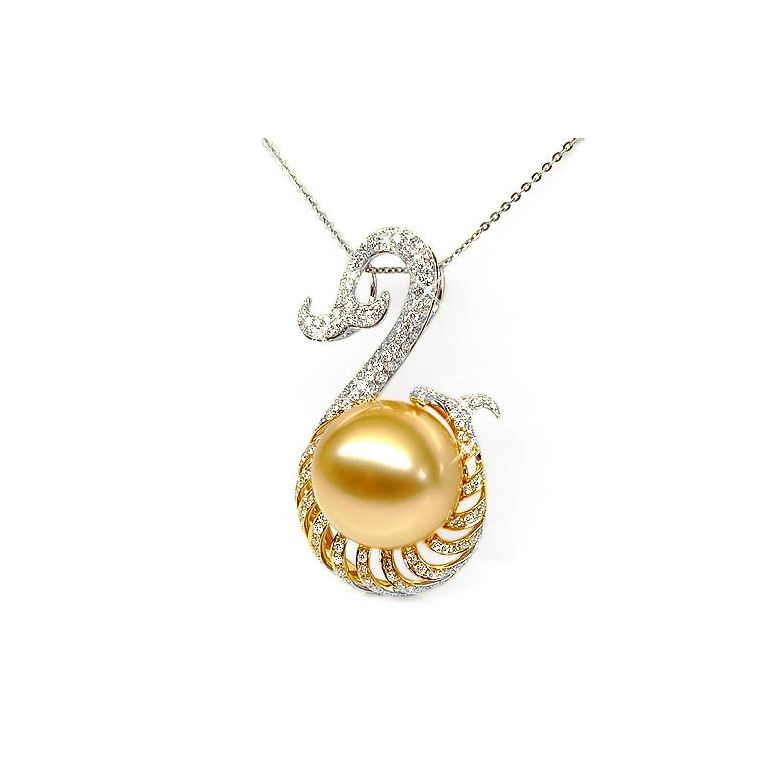 Ciondolo oro bianco, diamanti - Perla d'Australia dorata - 12/13mm - 2
