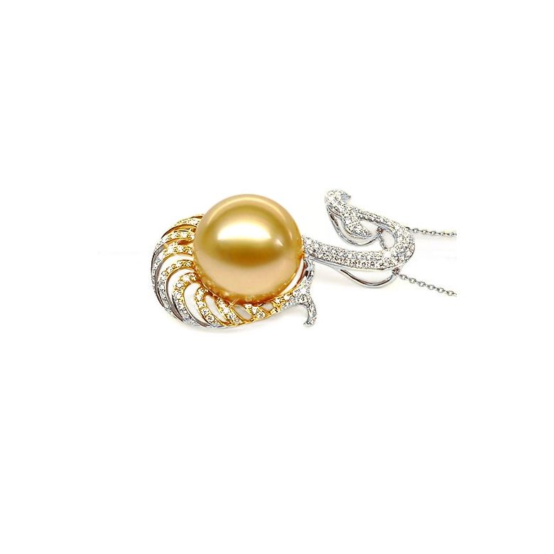 Ciondolo oro bianco, diamanti - Perla d'Australia dorata - 12/13mm - 3