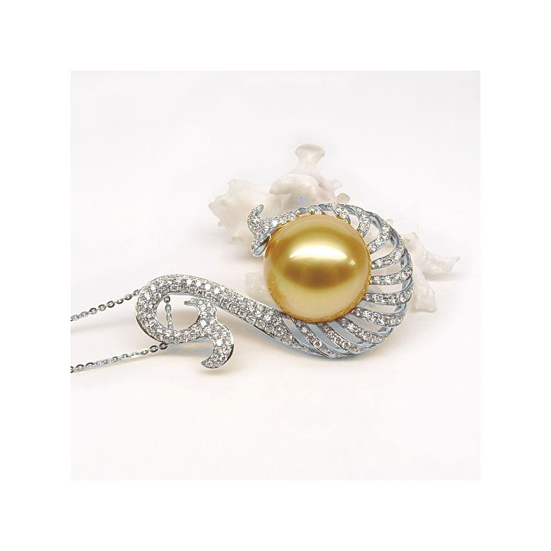 Ciondolo oro bianco, diamanti - Perla d'Australia dorata - 12/13mm - 6