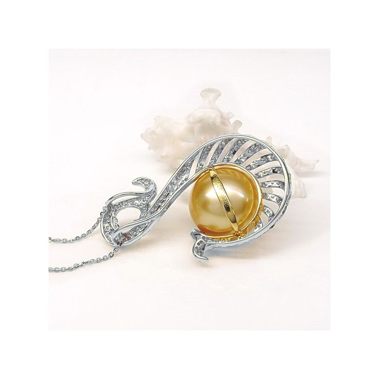 Ciondolo oro bianco, diamanti - Perla d'Australia dorata - 12/13mm - 4