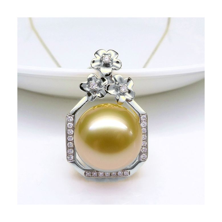 Ciondolo parfum précieux -  Oro bianco & diamanti - Perle dorata - 1