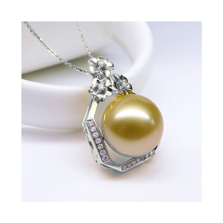 Ciondolo parfum précieux -  Oro bianco & diamanti - Perle dorata - 3