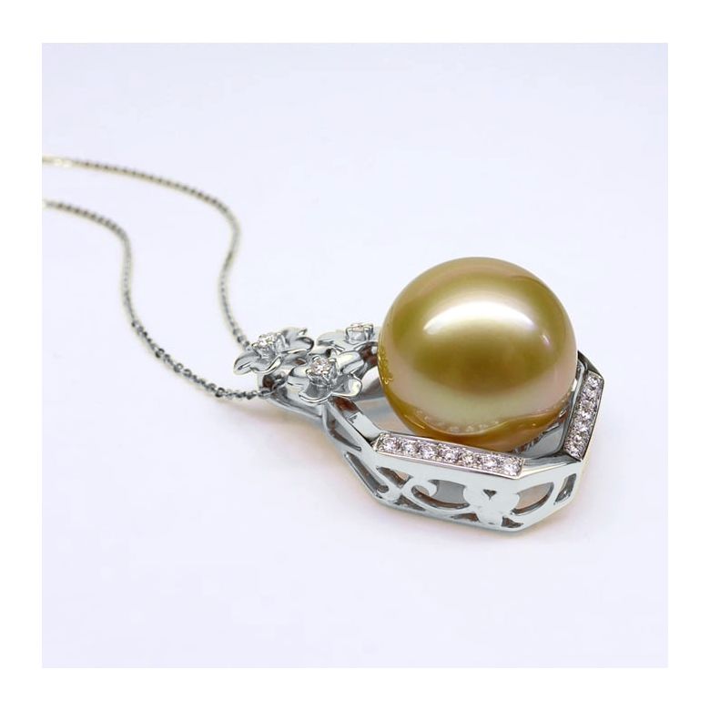 Ciondolo parfum précieux -  Oro bianco & diamanti - Perle dorata - 4