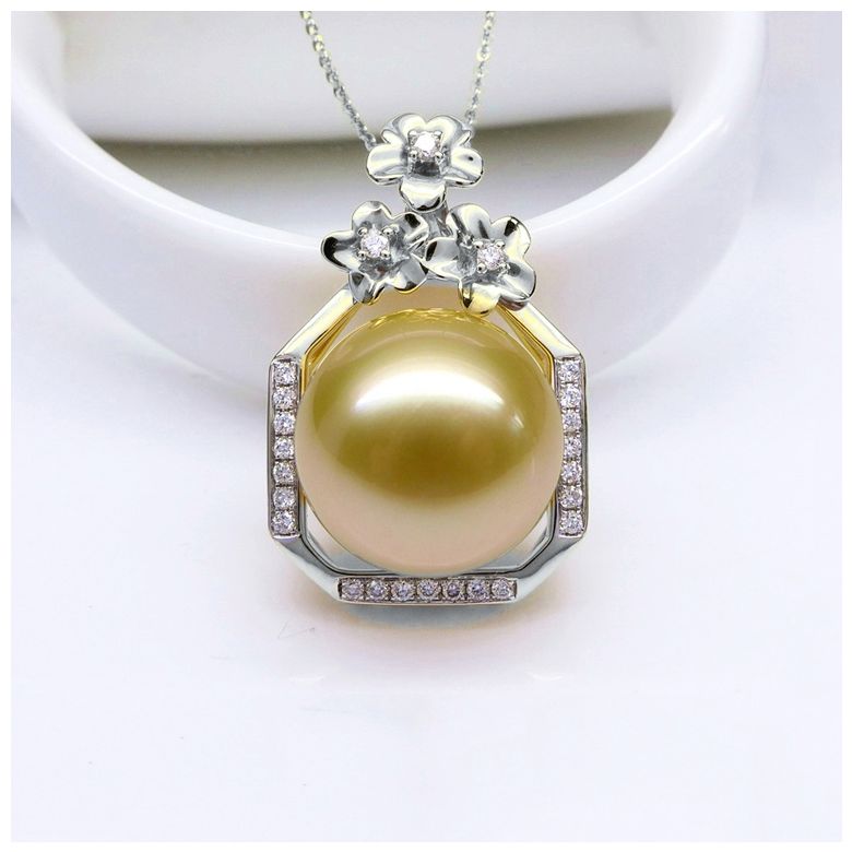Ciondolo parfum précieux -  Oro bianco & diamanti - Perle dorata - 7