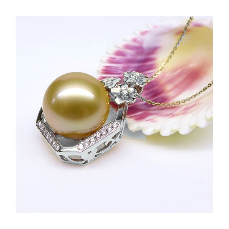 Ciondolo parfum précieux -  Oro bianco & diamanti - Perle dorata - 8