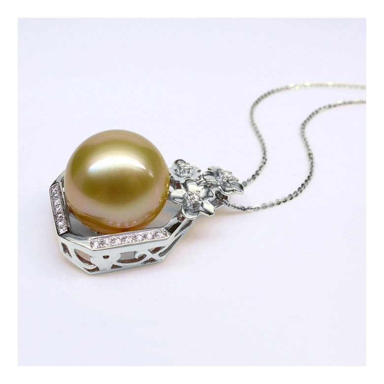 Ciondolo parfum précieux -  Oro bianco & diamanti - Perle dorata - 9