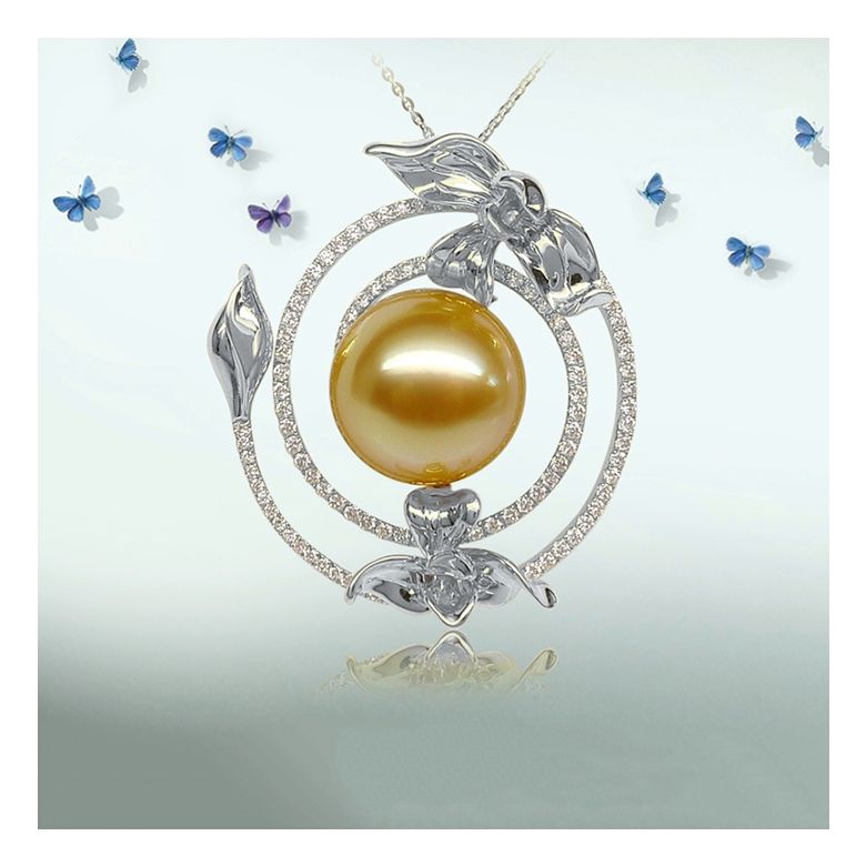 Ciondolo Orchidée sauvage - Perla dorata dei mari del sud oro bianco - 3