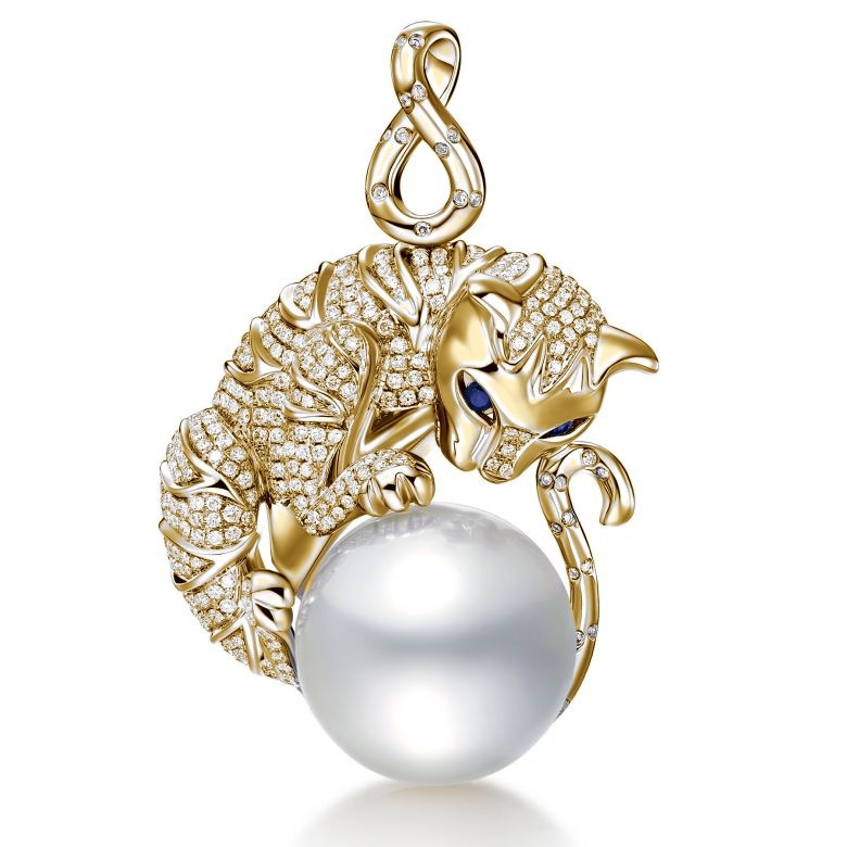 Ciondolo gatto oro giallo, diamanti - Perla d'Australia bianca - 16/17mm - 2