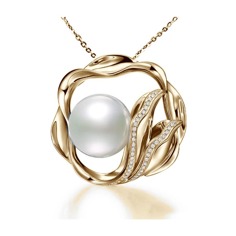Ciondolo fiore di loto - Perla d'Australia bianca - Oro giallo e diamanti - 1