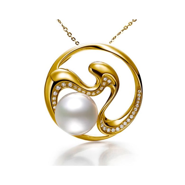 Ciondolo fiore di pesco - Perle d'Australia, diamanti, oro giallo - 1