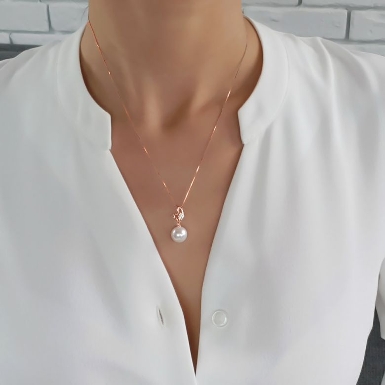 Ciondolo Jeune Pousse - Oro Rosa, Diamanti e Perla d'Acqua Dolce - 7