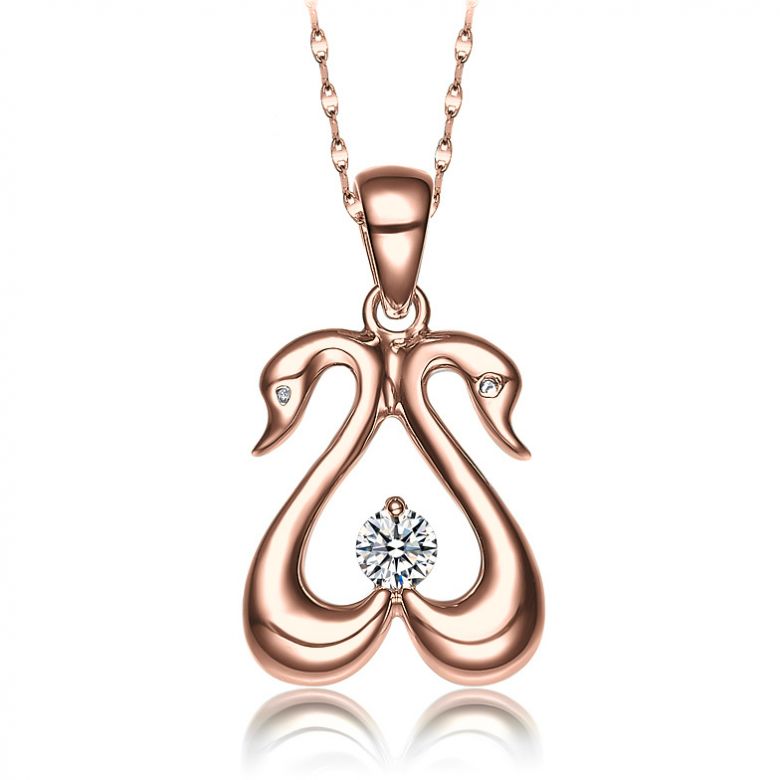 Ciondolo coppia di cigni - Diamante e oro rosa - 1