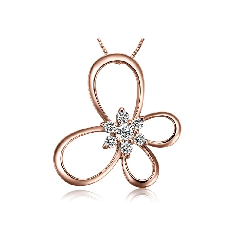 Ciondolo fiore en farfalla - Oro rosa 18 carati - Diamanti 0.10ct - 1