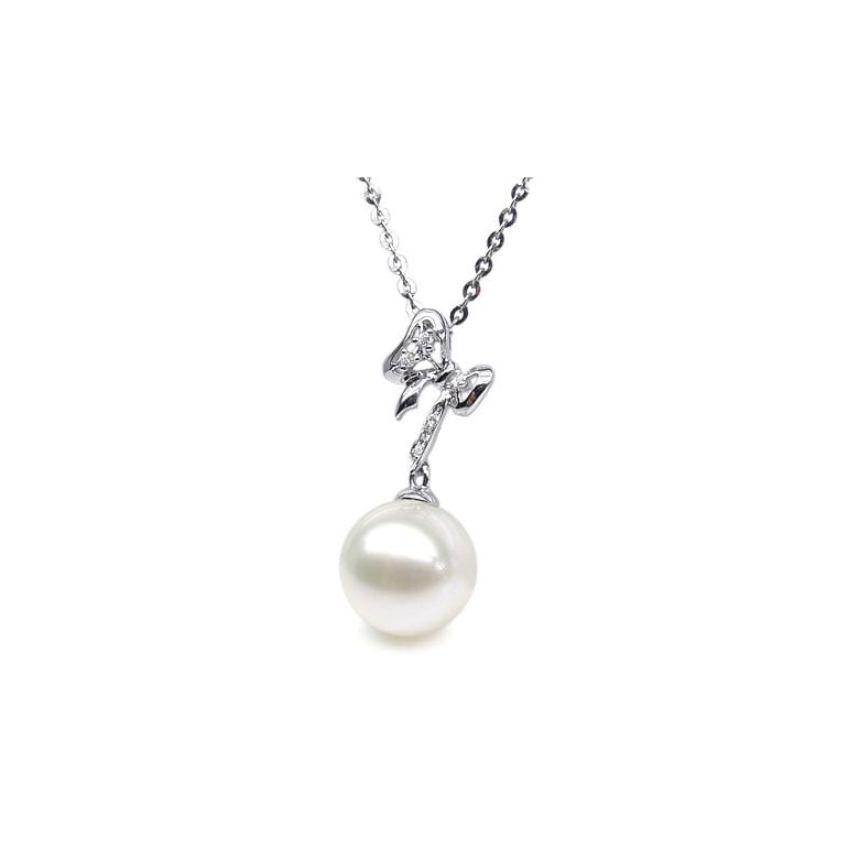 Ciondolo Fiocco - Oro Bianco, Diamanti e Perla di Fiume - 1