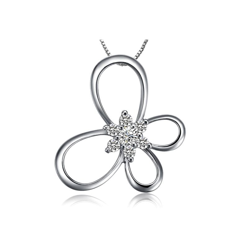 Ciondolo fiore en farfalla - Oro bianco 18 carati - Diamanti 0.10ct - 1