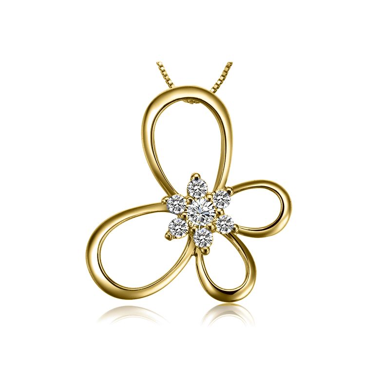 Ciondolo fiore en farfalla - Oro giallo 18 carati - Diamanti 0.10ct - 1
