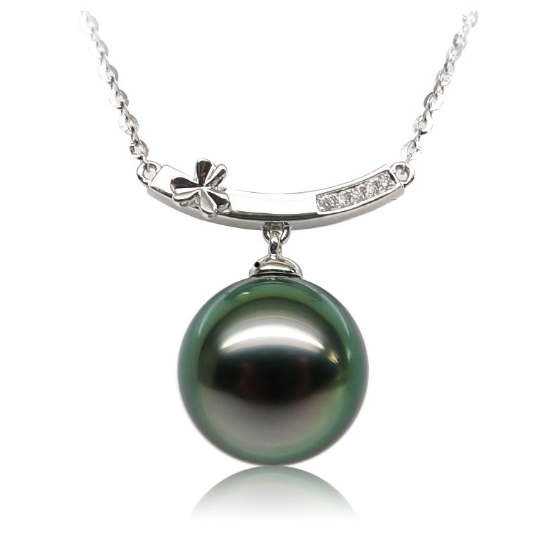 Ciondolo oro bianco fiore diamante - Perla di Tahiti verte - 1