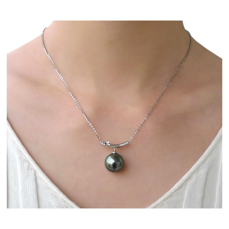 Ciondolo oro bianco fiore diamante - Perla di Tahiti verte - 2